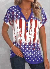American Flag Button Blue Short Sleeve Split Neck Blouse