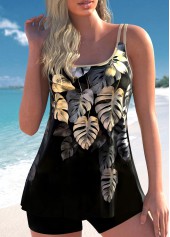 Tropical Plants Print Contrast Binding Golden Tankini Top-No Bottom