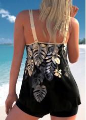 Tropical Plants Print Contrast Binding Golden Tankini Top-No Bottom