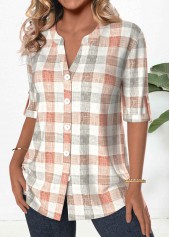 Plaid Button Orange 3/4 Sleeve Split Neck Blouse