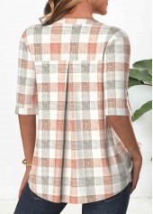 Plaid Button Orange 3/4 Sleeve Split Neck Blouse