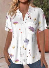 Floral Print Textured Fabric White Short Sleeve Shirt