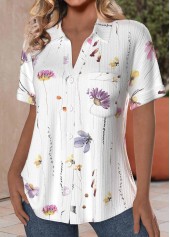 Floral Print Textured Fabric White Short Sleeve Shirt