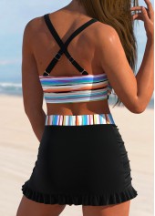 Multi Stripe Print Surplice Black Bikini Set