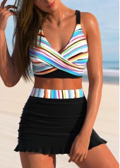 Multi Stripe Print Surplice Black Bikini Set