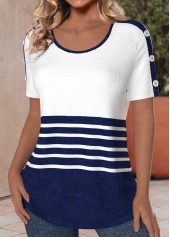 Striped Button Navy Short Sleeve Round Neck T Shirt