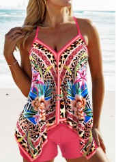 Leopard Handkerchief Hem Coral Tankini Set