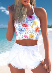 Floral Print Patchwork White Bikini Set