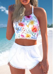 Floral Print Patchwork White Bikini Set