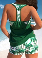 Tropical Plants Print Fake 2in1 Green Tankini Set