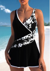 Floral Print Black One Piece Swimdress