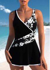 Floral Print Black One Piece Swimdress