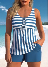 Striped Lace Up Blue Tankini Set