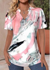 Graffiti Print Frill Light Pink Short Sleeve Blouse