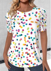 Polka Dot Bowknot White Short Sleeve Round Neck Blouse