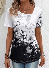 Floral Print Lightweight Black Short Sleeve T Shirt