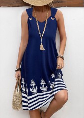 Geometric Print Tummy Coverage Navy Sleeveless V Neck Dress