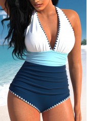Tie Patchwork Navy One Piece Swimwear