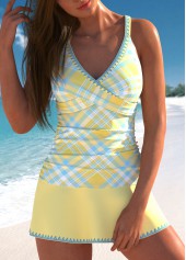 Plaid Surplice Light Yellow Tankini Set