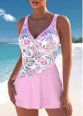 Floral Print Surplice Light Pink One Piece Swimdress