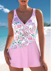 Floral Print Surplice Light Pink One Piece Swimdress