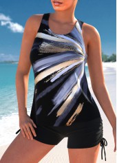 Geometric Print Cut Out Black Tankini Set