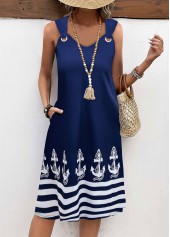 Plus Size Geometric Print Tummy Coverage Navy Sleeveless Dress
