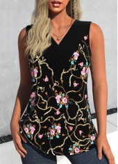 Floral Print Surplice Black Sleeveless V Neck Tank Top