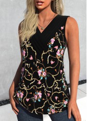 Floral Print Surplice Black Sleeveless V Neck Tank Top