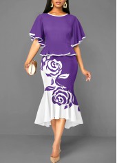 Floral Print Mermaid Purple High Low Bodycon Dress