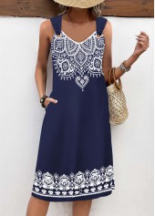 Tribal Print Tummy Coverage Navy Sleeveless V Neck Dress