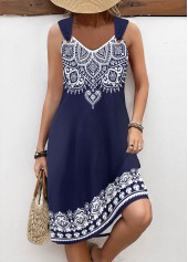 Tribal Print Tummy Coverage Navy Sleeveless V Neck Dress