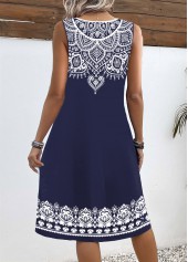 Tribal Print Tummy Coverage Navy Sleeveless V Neck Dress