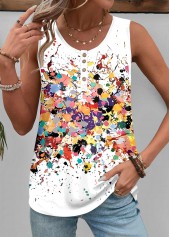 Dazzle Colorful Print Button White Sleeveless Tank Top