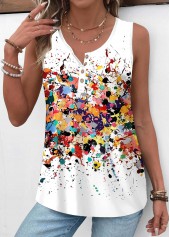 Dazzle Colorful Print Button White Sleeveless Tank Top