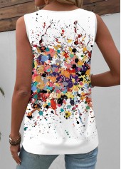 Dazzle Colorful Print Button White Sleeveless Tank Top