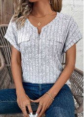 Zipper Light Grey Marl Short Sleeve V Neck Blouse