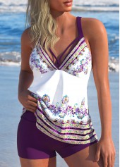 Tribal Print Criss Cross Dark Reddish Purple Tankini Set