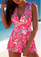 Mid Waisted Floral Print Drawstring Coral Tankini Set