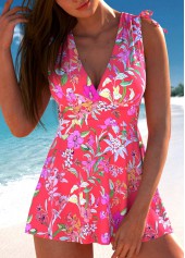 Mid Waisted Floral Print Drawstring Coral Tankini Set