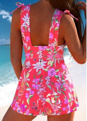 Mid Waisted Floral Print Drawstring Coral Tankini Set