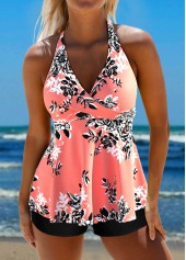 Plus Size Coral Floral Print Criss Cross Tankini Top-No Bottom