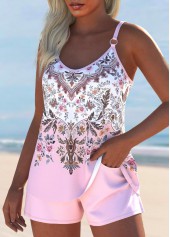 Tribal Print Pocket Light Pink Tankini Set