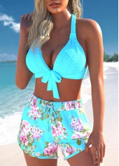Floral Print Jacquard Cyan Bikini Set