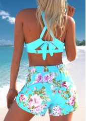 Floral Print Jacquard Cyan Bikini Set