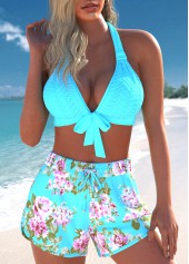 Floral Print Jacquard Cyan Bikini Set