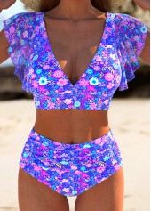 Ditsy Floral Print Ruffle Purple Bikini Set