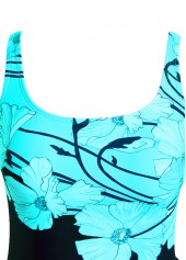 Floral Print Tie Cyan One Piece Swimdress