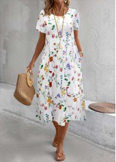 Floral Print Breathable White A Line Short Sleeve Dress