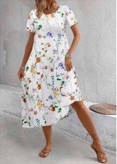 Floral Print Breathable White A Line Short Sleeve Dress